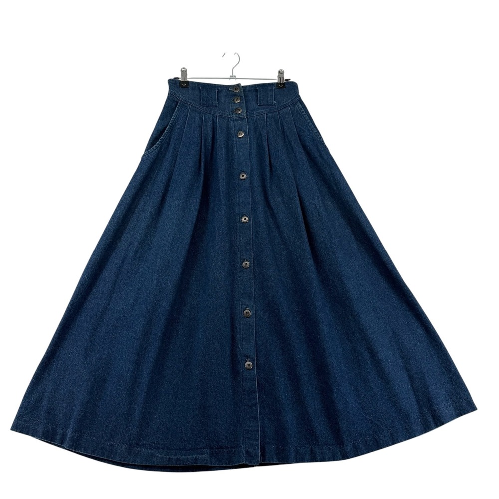 VTG Chic Denim Pleated Maxi Skirt Womens 10 High Waist Elastic Button Pockets